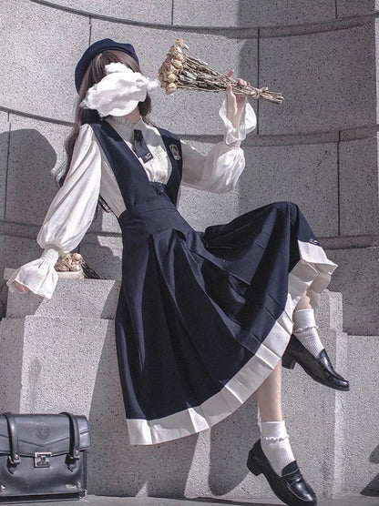College Style Retro Ruffle Chiffon Blouse + Cyan Dress + Beret + Emblem + Necktie