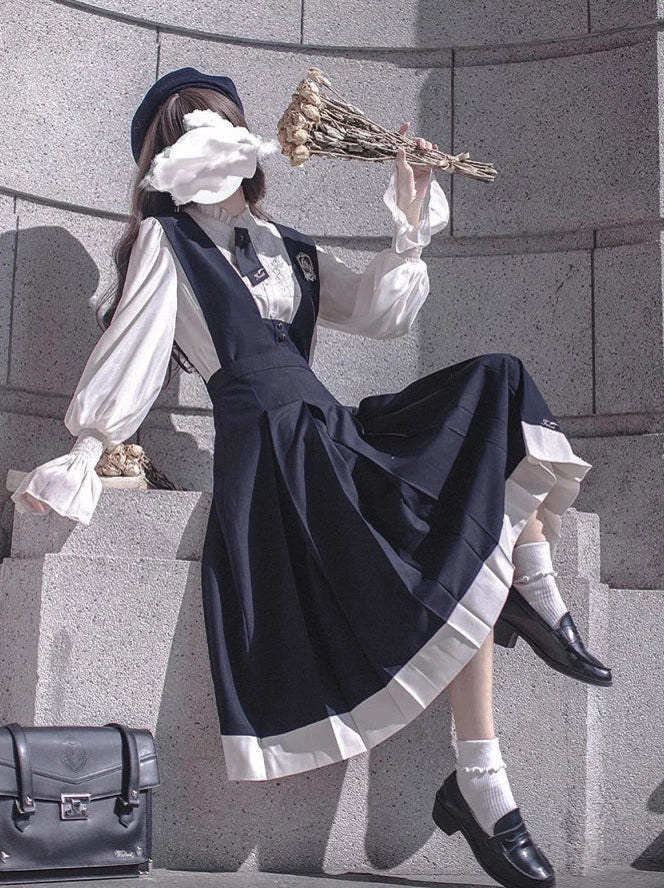 College Style Retro Ruffle Chiffon Blouse + Cyan Dress + Beret + Emblem + Necktie