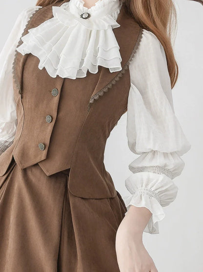 Classical Retro Blouse + Colored Vest + Flared Long Skirt