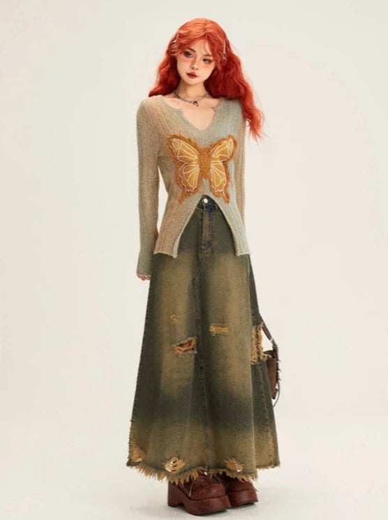 Retro Butterfly Patch Embroidery V-neck Slim Knit + Distressed Denim Long Skirt