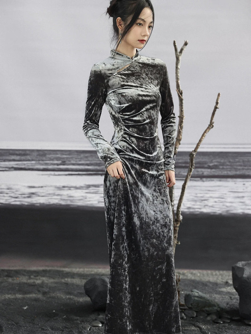 Chinese-style Gold Diamond Velvet Dress