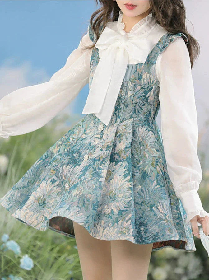 Chiffon Ruffled Bow Tie Shirt + Forest Oil Paint Taste Suspender Dress