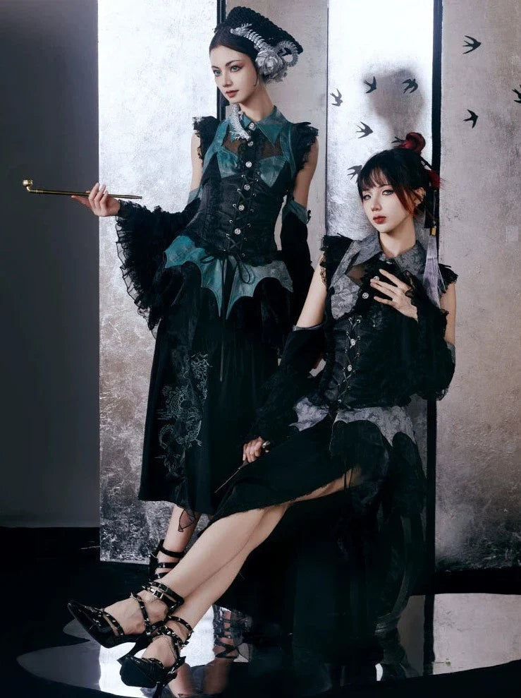 [pre-order] Chinese-style Gothic Subculture Fishtail Skirt + Top + Waist Corset