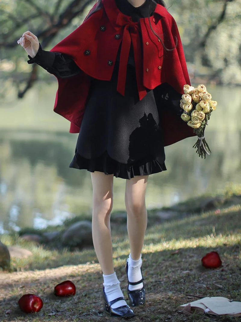 Retro Red Cape Coat + Black Ruffle Fake Two-piece Dress