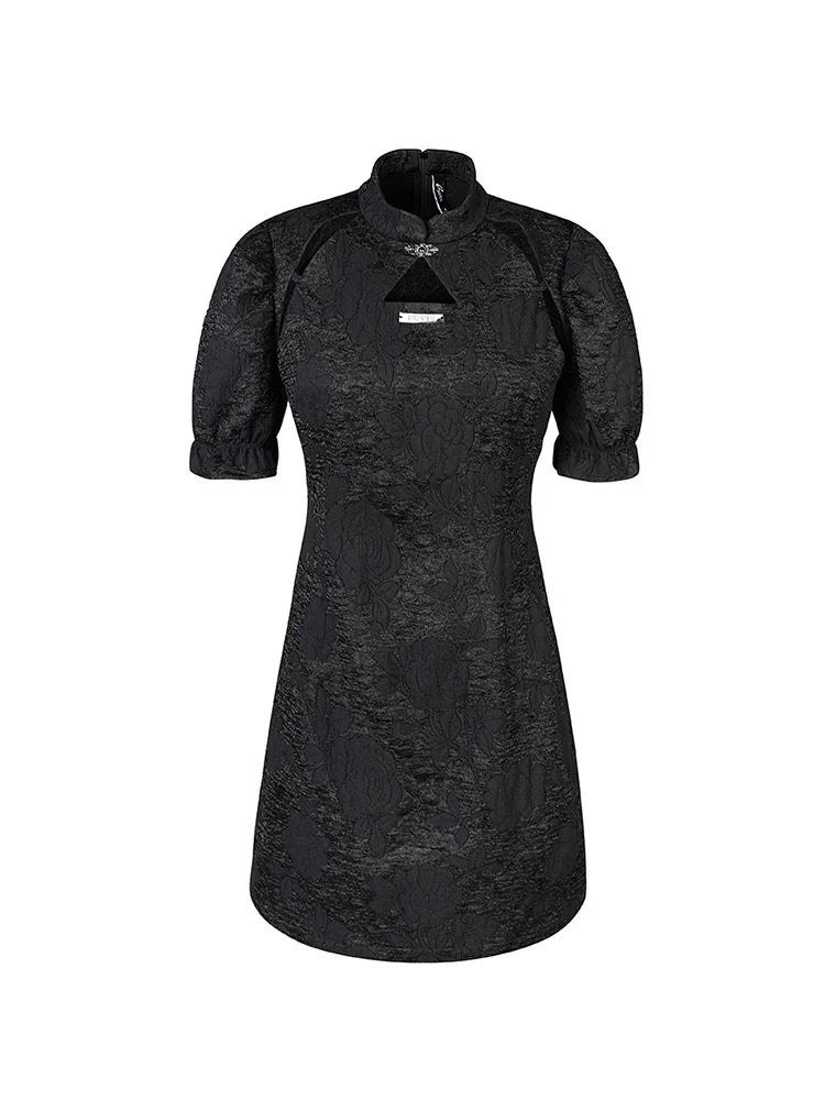 French Black Puff Sleeves Slim Waist Chinese-style Dress