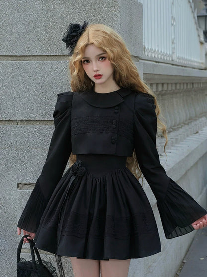 Night Traveler Classic Black Gothic Lace Jacket Dress + Ruffle White Blouse and Black Dress