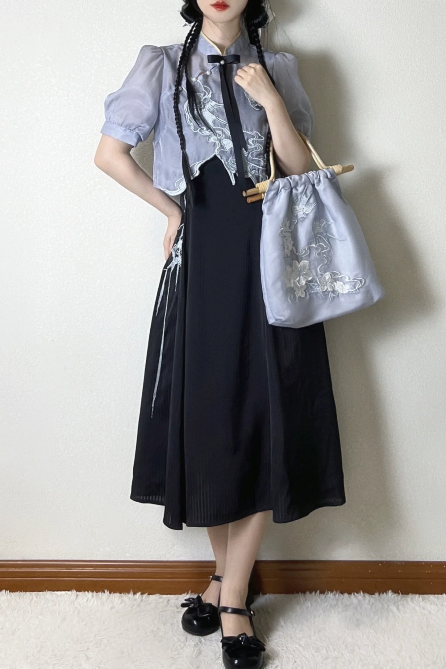 Sheer Short Chinese-style Shirt + Suspender Dress [short / Long] + Bag