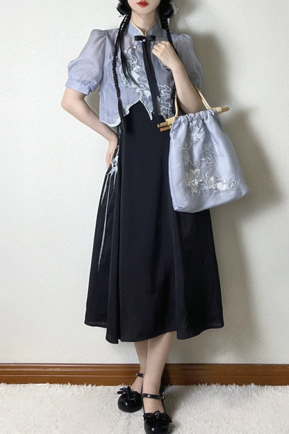 Sheer Short Chinese-style Shirt + Suspender Dress [short / Long] + Bag