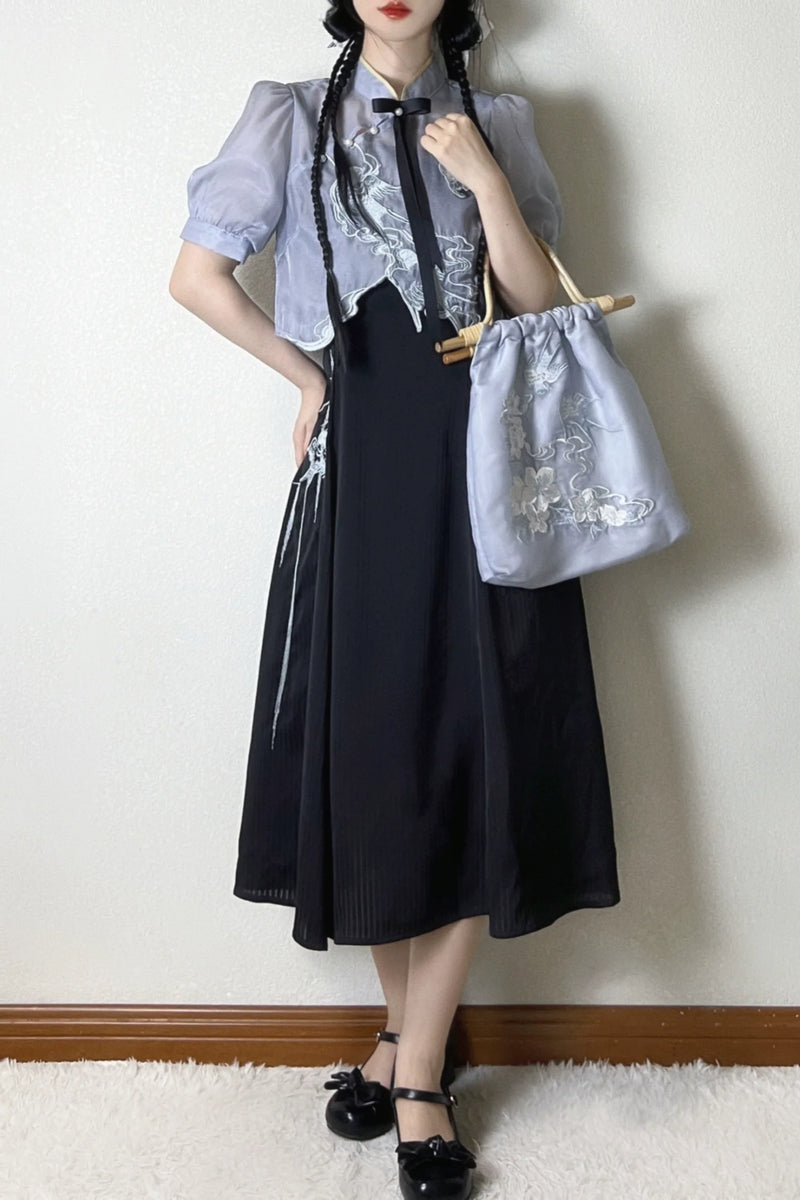 Sheer Short Chinese-style Shirt + Suspender Dress [short / Long] + Bag