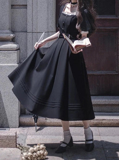 [pre-order] Black Square Collar French Retro Dress + Waist Ribbon + Black Ribbon Headband + Pearl Necklace