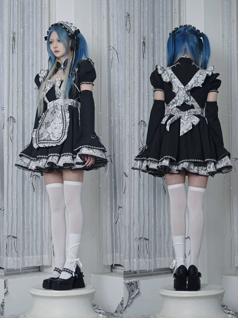 Silver Dragon Maid Gothic Dress + Apron + Arm Cover