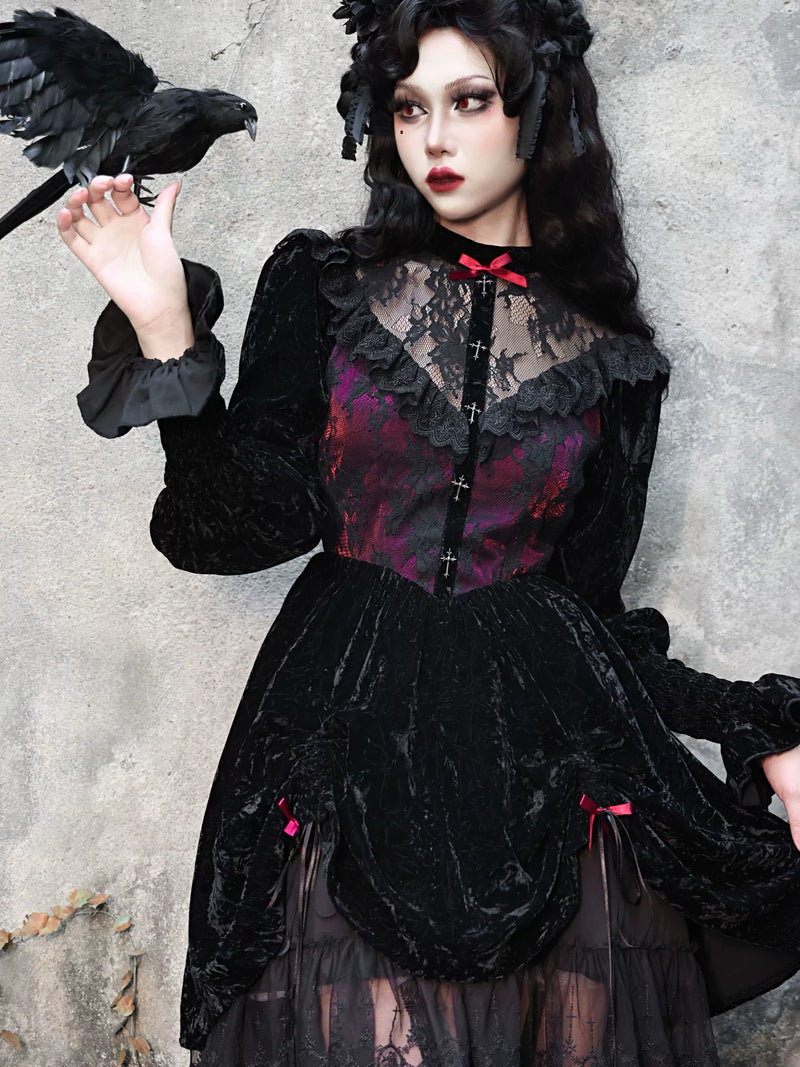 Rose Cemetery Gothic Dark Red Velvet Puff Sleeve Lace Dress