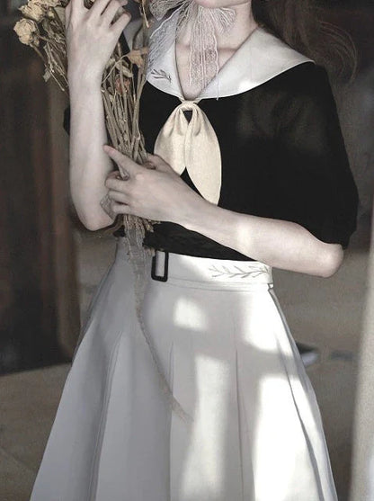 Retro French Sailor Collar Puff Sleeve Shirt + Box Pleat Skirt + Bunny Ear Necktie [pre-order]