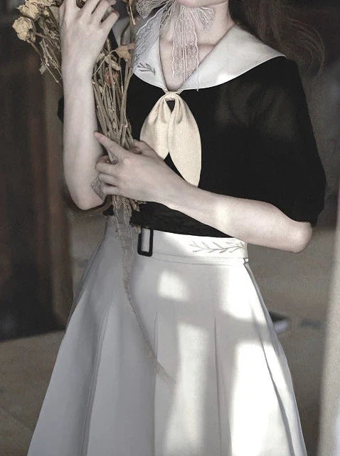 Retro French Sailor Collar Puff Sleeve Shirt + Box Pleat Skirt + Bunny Ear Necktie [pre-order]
