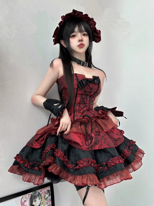 Jacquard Puff Sleeve Vest + Fishbone Corset + Flared Skirt