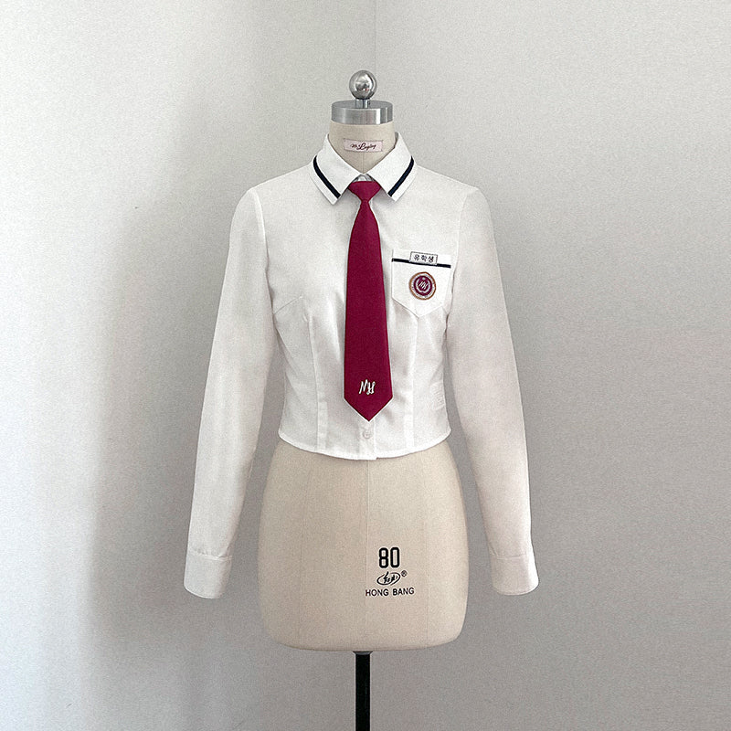 Korean White Waist Cinched Shirt + Gray Back Hip Skirt