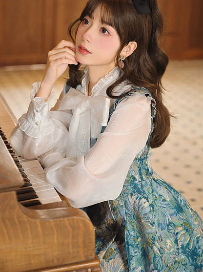 Chiffon Ruffled Bow Tie Shirt + Forest Oil Paint Taste Suspender Dress