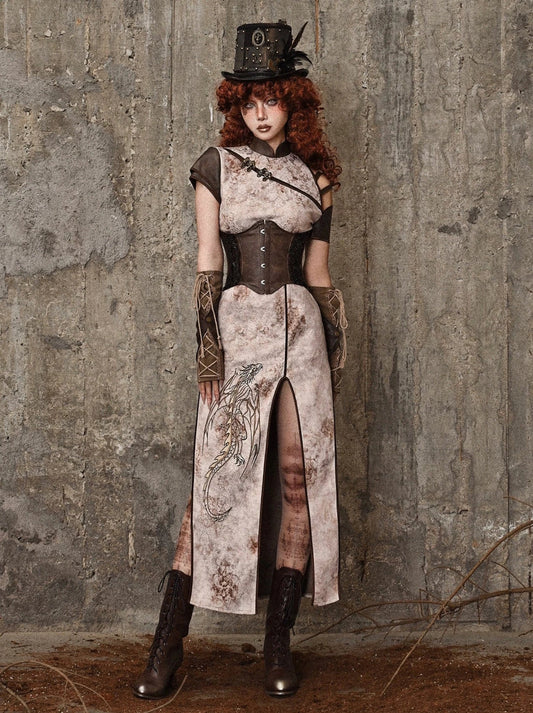 Retro Punk Strap Dragon Embroidery Chinese-style Slit Dress