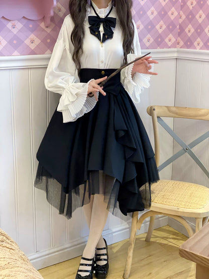 Retro Gothic Style Ribbon Tie Shirt + Irregular Tulle Skirt Suit
