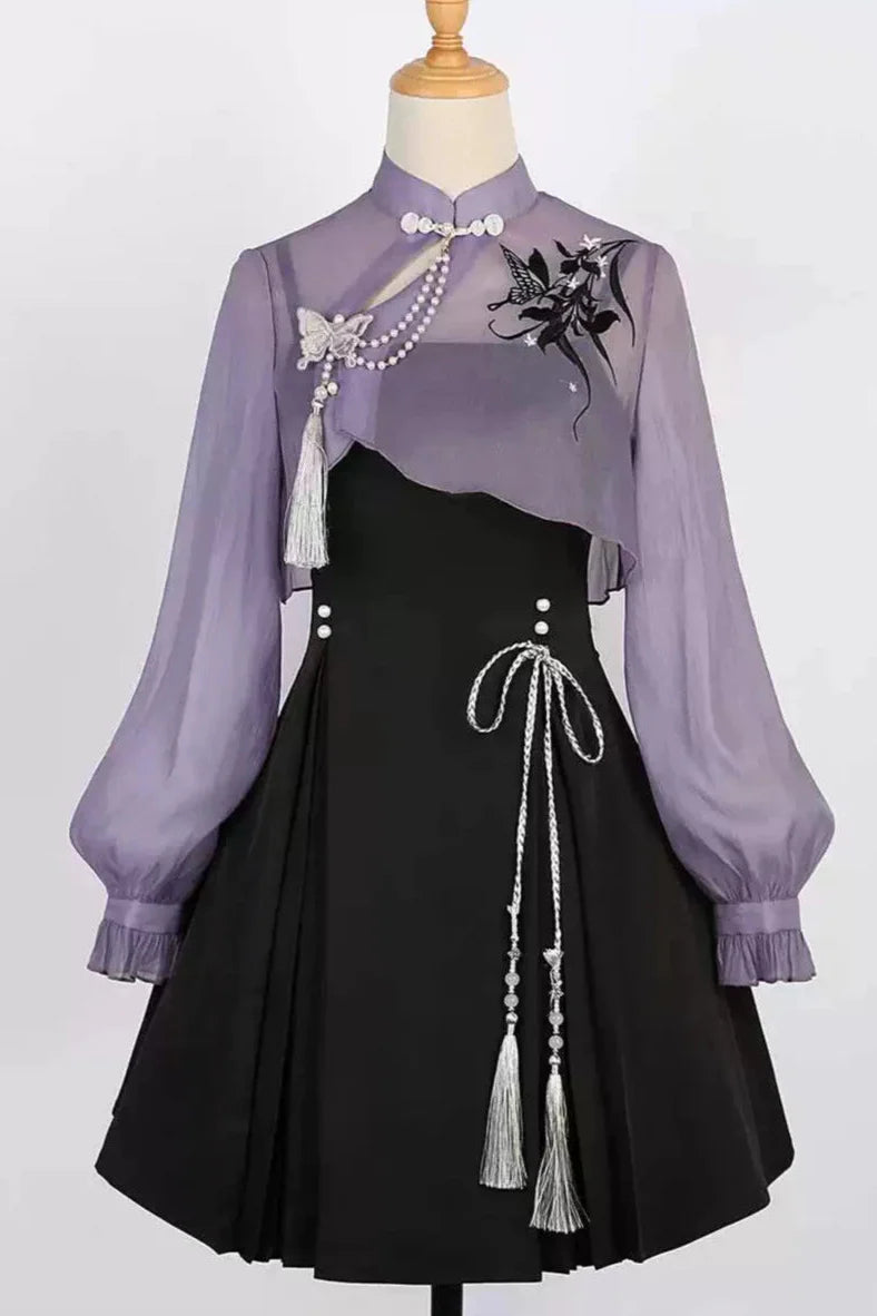 Chinese-style Embroidery Short Top + Suspender Skirt Suit