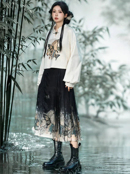 Chinese-style Butterfly Cropped Sweatshirt + Zip Design Hoodie Dress + Black Hoodie [pre-order]