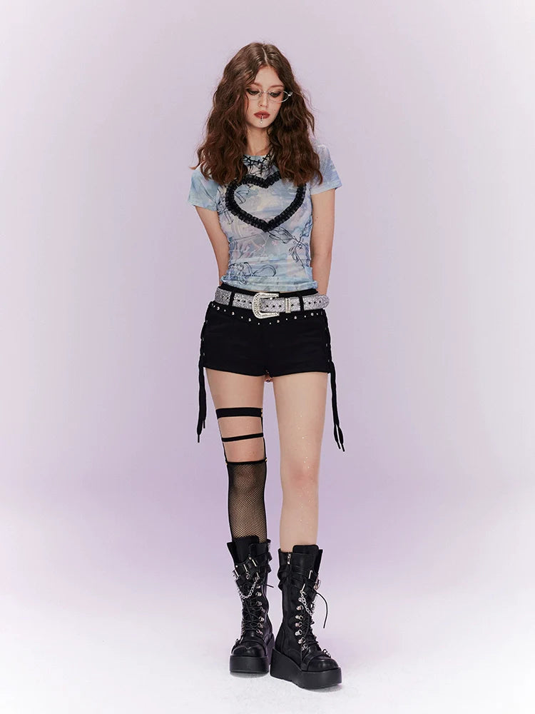 Heart Slim Top + Side Ribbon Shorts