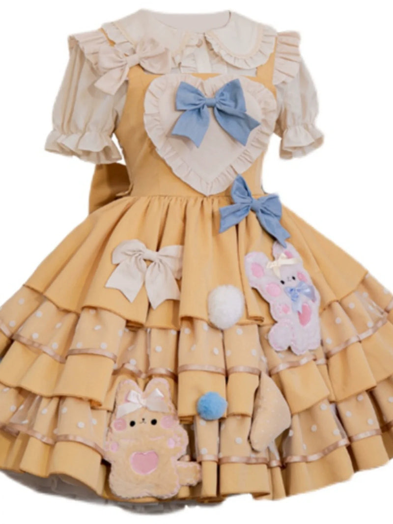 Doll Puff Sleeve Shirt + Bear Cheese Tiered Lolita Dress