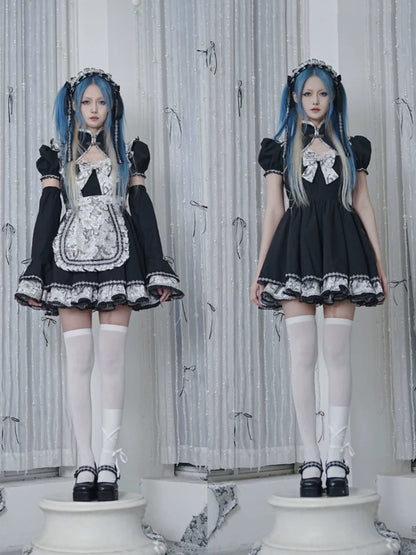 Silver Dragon Maid Gothic Dress + Apron + Arm Cover