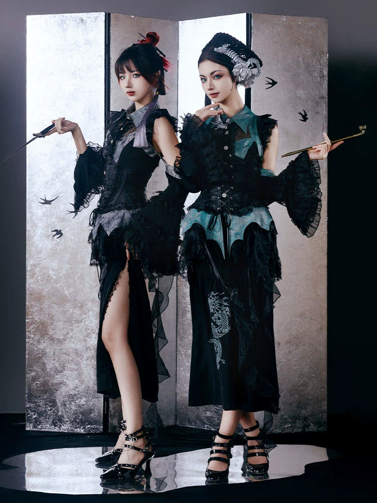 [pre-order] Chinese-style Gothic Subculture Fishtail Skirt + Top + Waist Corset