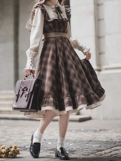 Retro Brown Plaid Volume Sleeveless Layered Dress + Pearl Ribbon Accessory + Classic Belt Coat [pre-order]