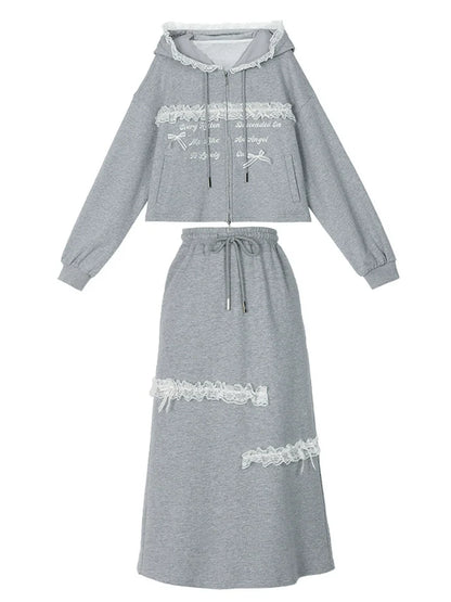 Lace Embroidery Gray Zip Hoodie + Gray Long Skirt [pre-order]