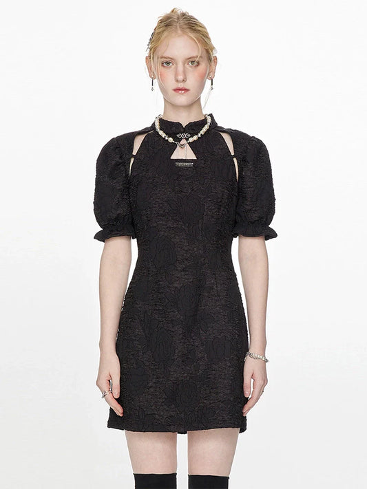 French Black Puff Sleeves Slim Waist Chinese-style Dress