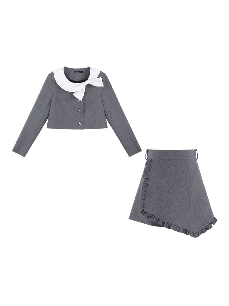 Gray Two-piece Short Coat Skirt Set