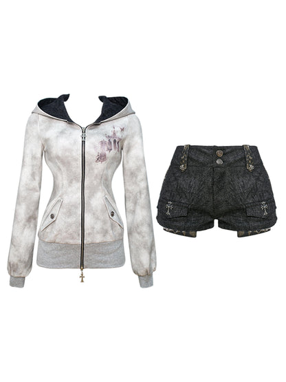 Leopard Print Shorts Grey Hoodie Set
