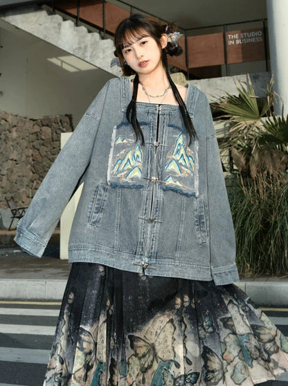 Chinese-style Detachable Collar Denim Jacket Suit