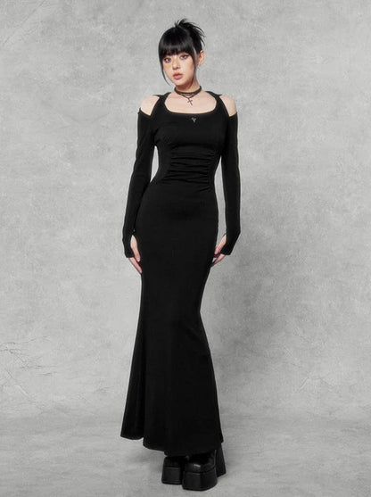 Dark Square Halter Neck Off-shoulder Hooded Dress