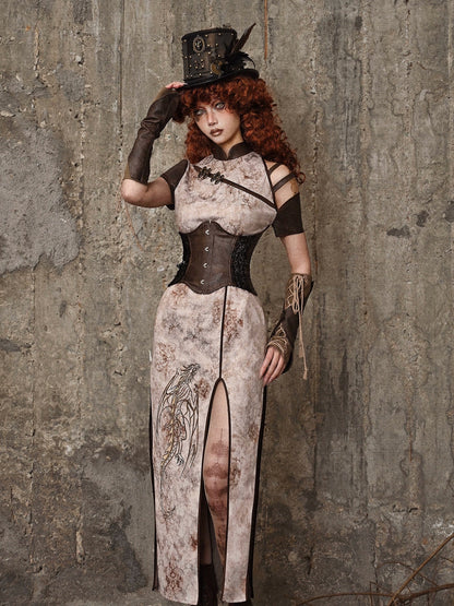 Retro Punk Strap Dragon Embroidery Chinese-style Slit Dress
