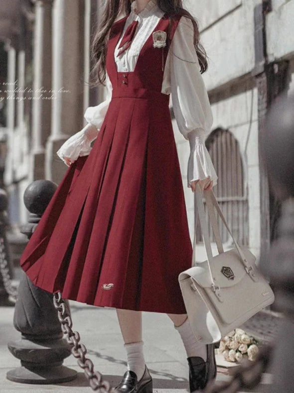 Retro College Lace Chiffon Shirt + Red Sundress + Red Necktie + Emblem Badge