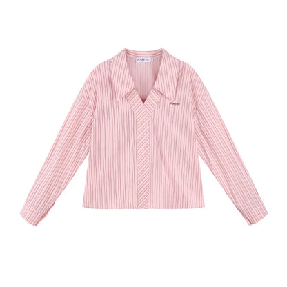 Pink Stripe Neck Long Sleeve Shirt Set