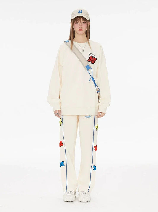 Cream Yellow Round Neck Sweatshirt + Side Design Pants