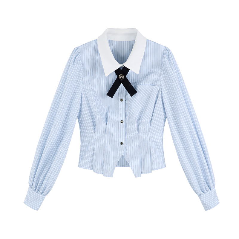 Blue Striped Preppy Long Sleeve Crop Set