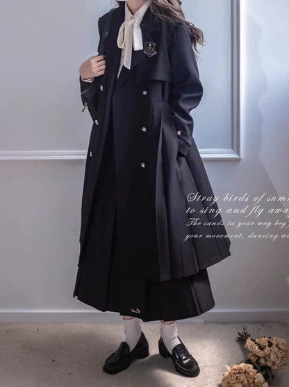 College Black Trench Coat + Metal Badge + Embroidery Ribbon Shirt + Pleated Skirt