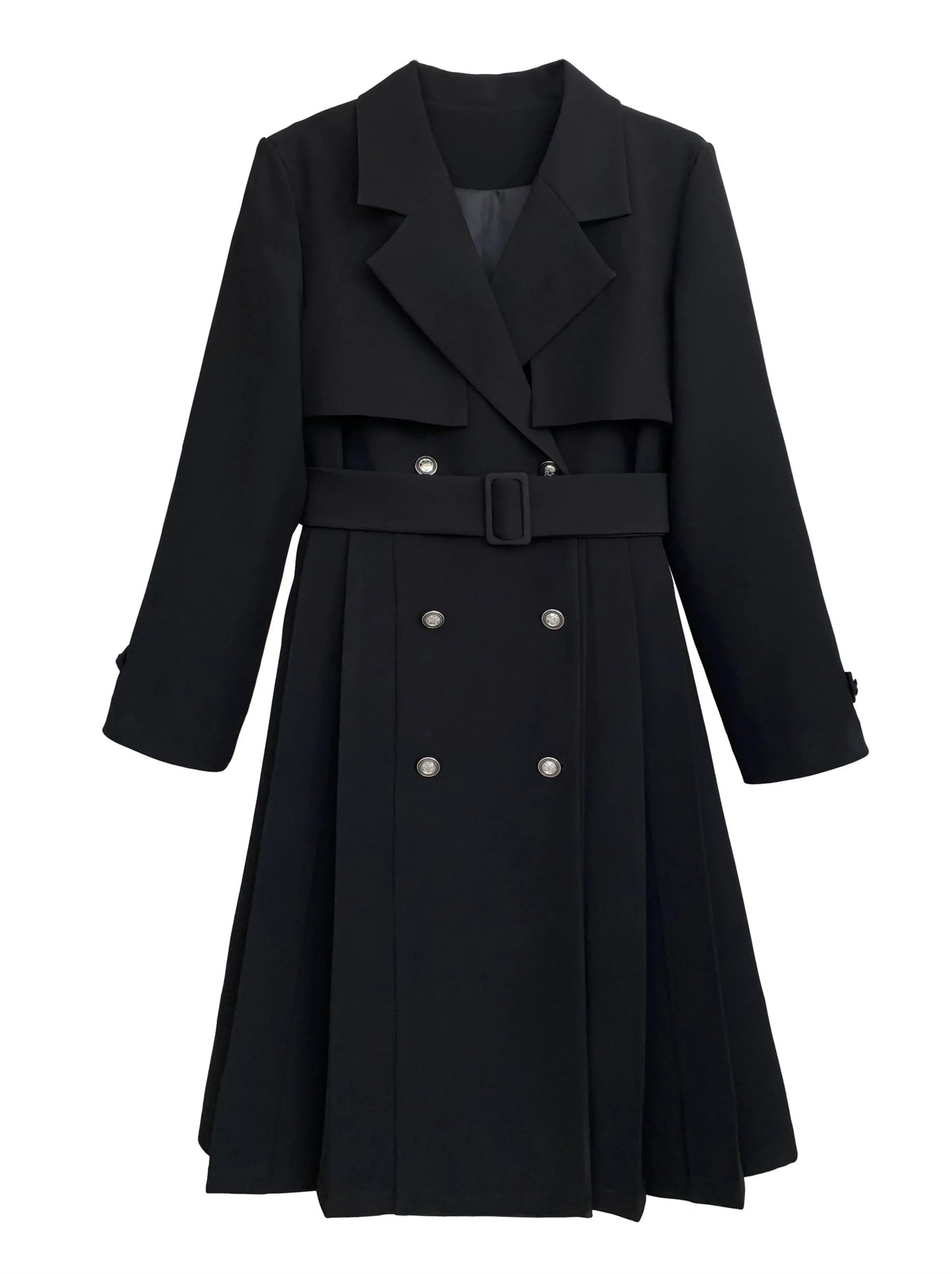 College Black Trench Coat + Metal Badge + Embroidery Ribbon Shirt + Pleated Skirt