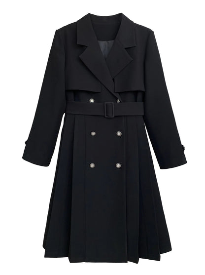 College Black Trench Coat + Metal Badge + Embroidery Ribbon Shirt + Pleated Skirt