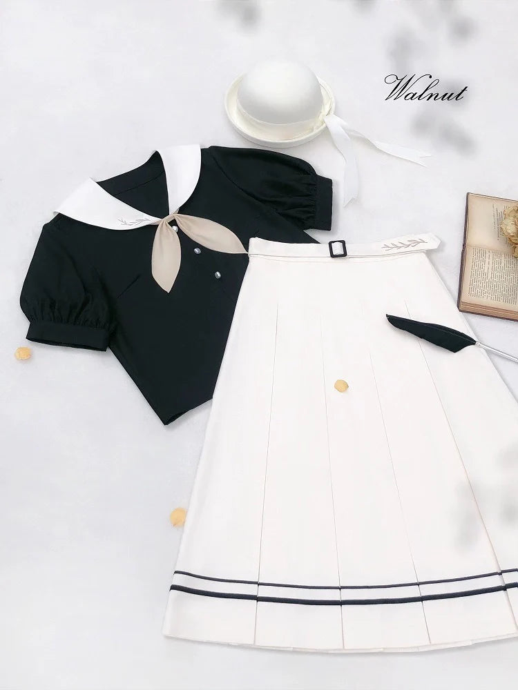 Retro French Sailor Collar Puff Sleeve Shirt + Box Pleat Skirt + Bunny Ear Necktie [pre-order]