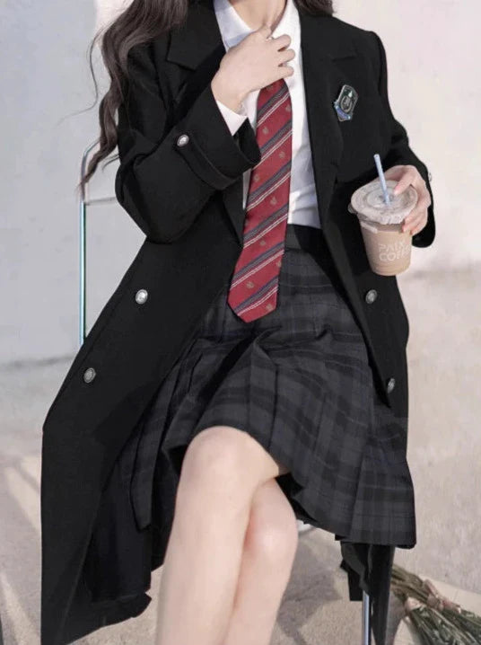 College Black Trench Coat + Metal Badge + Embroidery Ribbon Shirt + Pleated Skirt