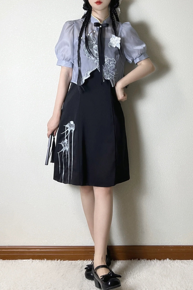 Sheer Short Chinese-style Shirt + Suspender Dress [short / Long] + Bag