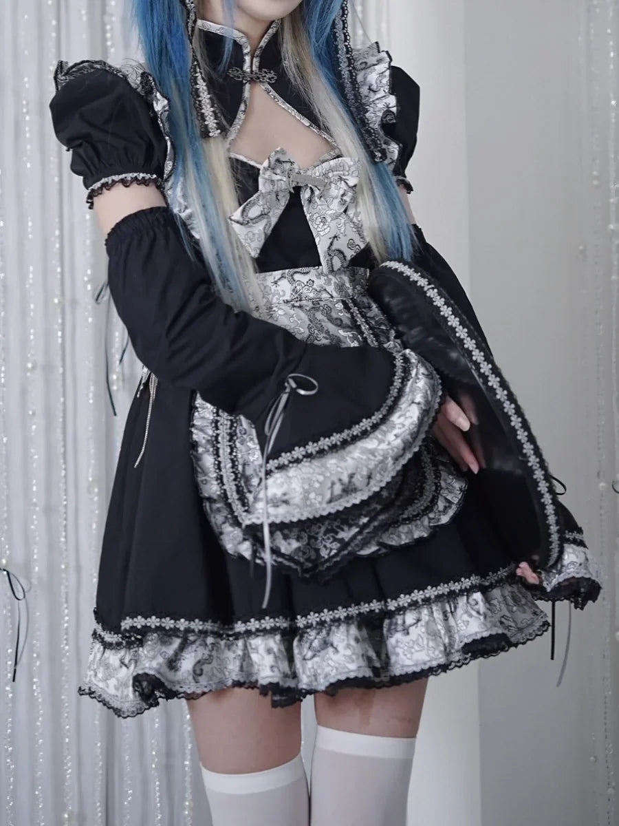 Silver Dragon Maid Gothic Dress + Apron + Arm Cover