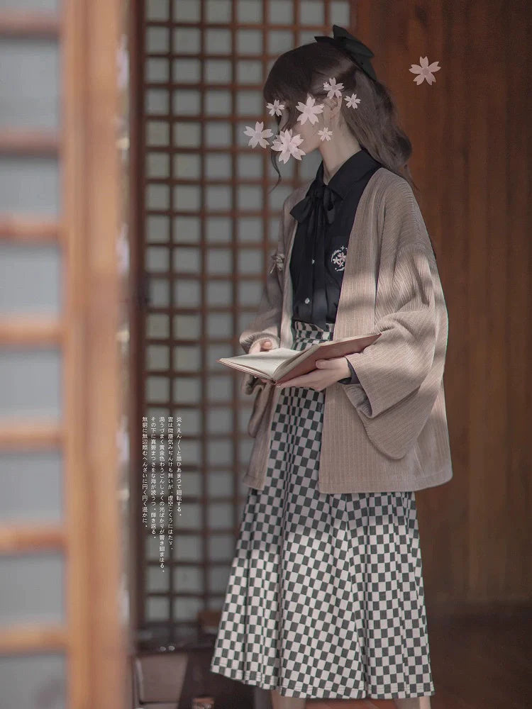 Sakura Note Showa Retro Haori Jacket + Chiffon Ribbon Shirt + Checkered Skirt + Dark Gray Skirt + Brooch