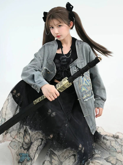Chinese-style Detachable Collar Denim Jacket Suit